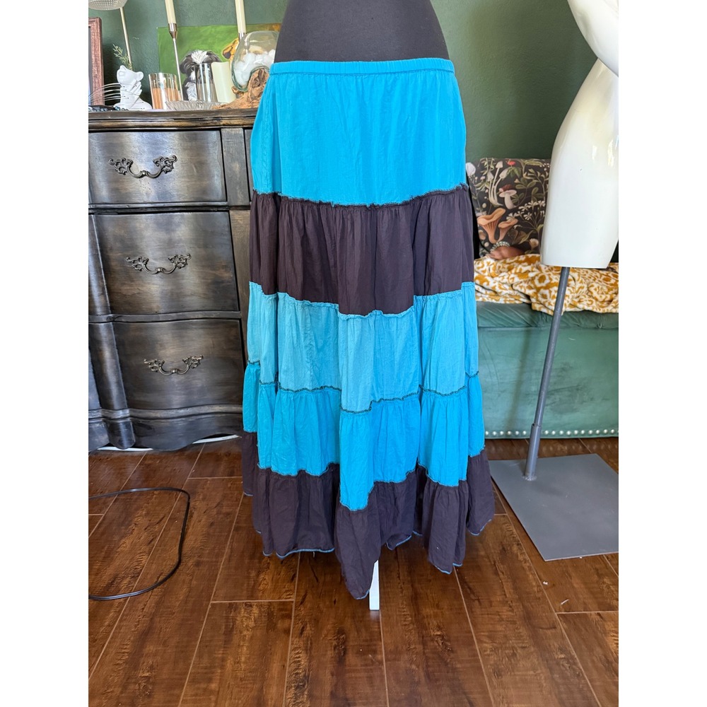 Phool Turquoise Brown Color Block Tiered Cotton Maxi Skirt Boho Festival Small